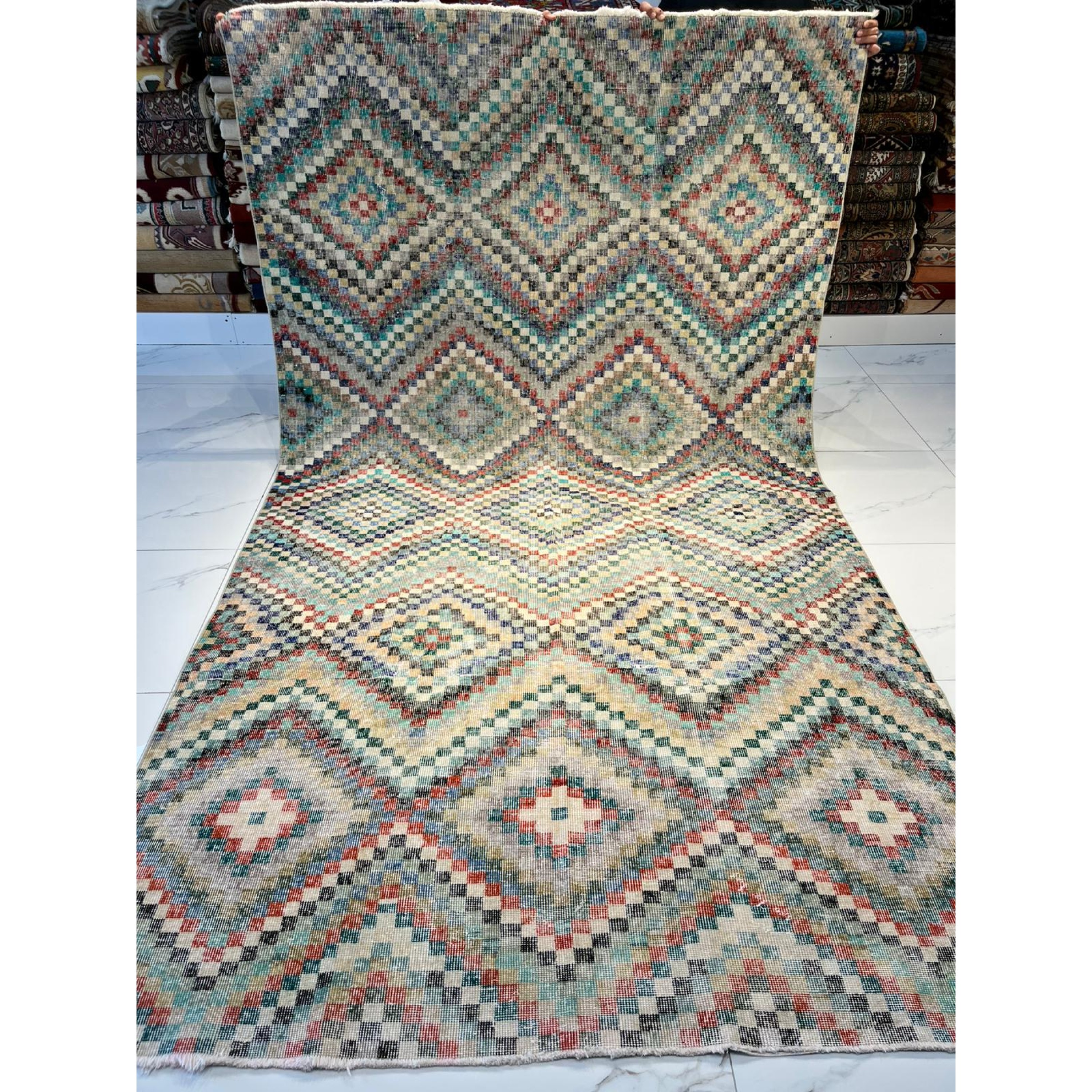 Vintage Zeki Müren Checkered Rug – Wool on Cotton, 40 Years Old